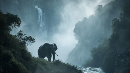 Wall Mural - a tall waterfall with mist forming the silhouette of a giant elephant