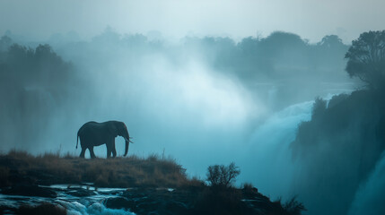 Wall Mural - a tall waterfall with mist forming the silhouette of a giant elephant