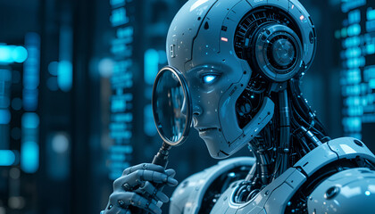 Futuristic Robot Analyzing Digital Code with Magnifying Glass in High-Tech Environment