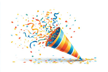 Festive party popper exploding with colorful confetti and ribbons celebrating a birthday anniversary or special occasion on a white background