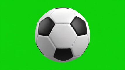 Dynamic 3D Rendered Black and White Soccer Ball Rotating Seamlessly on Chroma Key Green Screen Background