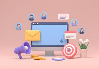 Digital marketing strategy with computer, social media icons, target, and megaphone on pink background