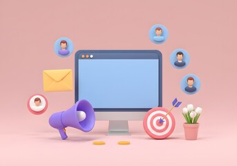 Digital marketing strategy with computer, social media icons, target, and megaphone on pink background