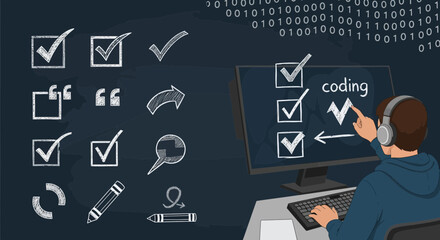 Coding checklist concept with developer using computer and drawing checkmarks on screen
