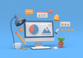 A desktop computer setup with business and design elements floating around on a blue background