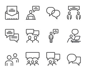 Communication people speech bubble isolated line outline icon set flat style simple design concept. Vector cartoon graphic illustration