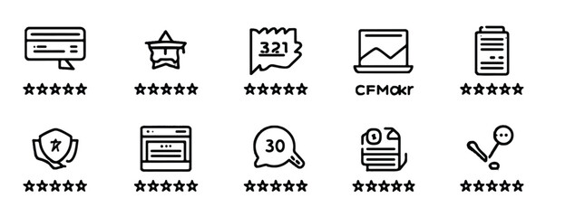 Set of simple icons representing different website metrics and feedback with star ratings indicating quality or satisfaction on white background