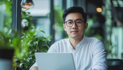 Asian Developer Sitting In A Real Office, Using A Laptop Computer To Work On Tasks. The Developer Is Focused And Engaged In Their Work.