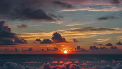 Wall Mural - breathtaking 4k timelapse of dramatic sunset sky over the sea clouds glowing shades of purple red gold transitioning from day to night capturing the beauty of nature’s sky painting cinematic