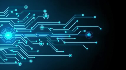 Abstract blue glowing circuit board pattern representing technology, data flow, and digital connection on a dark background