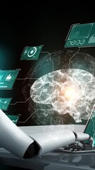 Wall Mural - robot hominoid use laptop and sit at table for big data analytic using ai thinking brain , artificia