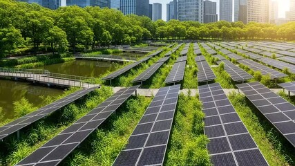 Vast solar panel array in a green field with trees and modern city buildings in the background, representing renewable energy and sustainable technology