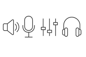 Sound elements including speaker, microphone, audio levels, and headphones in a minimalist style suitable for design projects