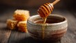 © PrettyVectors - Organic honey dripping from wooden dipper into vintage ceramic bowl with honeycomb pieces