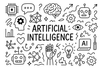 Doodle icons highlighting artificial intelligence and technology concepts
