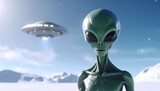 Alien on snowy planet with UFO.