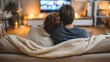 © Netsai - A couple embraces on a sofa under a blanket watching a television with warm lighting in the background.