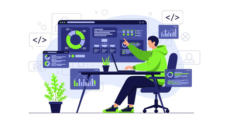 Illustrative depiction of a software developer working at a desk with code interfaces