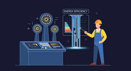 Illustrative vector depicting energy efficiency analysis with industrial setup and analyst