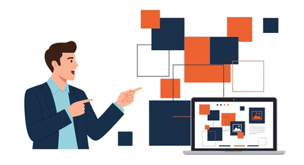 Illustration of a professional presenting a web design concept on a laptop screen