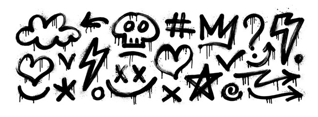 urban graffiti spray paint element set. street art icons with drips, splatters, and grunge texture. 