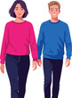 © OKAN - Young man and woman walking side by side wearing casual bright blue and pink sweaters vector illustration