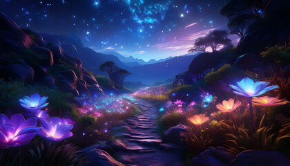 Enchanted night sky over a mystical forest landscape
