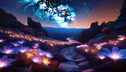 Enchanted night sky over a mystical forest landscape
