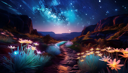 Enchanted night sky over a mystical forest landscape
