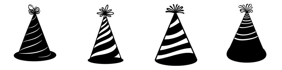 A simple black and white picture of a party hat featuring a pompom