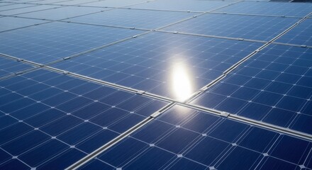Closeup view of a solar panel array with the sun reflecting brightly on its surface, representing renewable energy technology