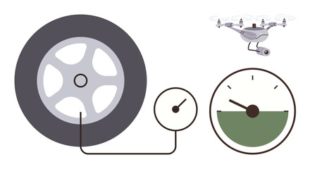 A car tire with a pressure gauge, a fuel meter, and a drone. Ideal for energy management, transportation, automation, innovation, sustainability efficiency and modern technology. Simple flat