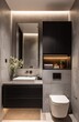 © rudy - Modern, minimalist bathroom with dark cabinetry and grey tiles