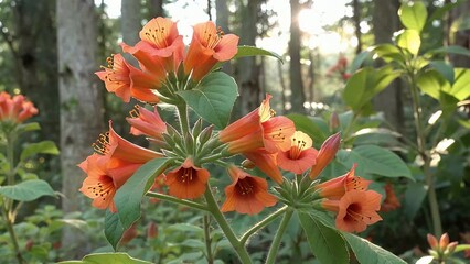 Wall Mural - colorful botanical close up 4k footage of vibrant orange red hamelia patens flowers also known as firebush blooming swaying under sunlight a tropical forest with soft breeze creating a lively natural