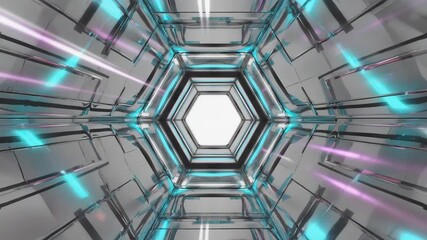 Wall Mural - turquoise and purple lights illuminate a chrome hexagonal tunnel leading to a bright white light, cr