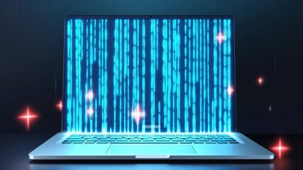 Futuristic laptop displaying cascading streams of binary code against dark digital background, symbolizing data flow, cybersecurity, or programming concepts