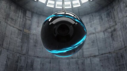 Wall Mural - futuristic black sphere with a glowing blue x symbol hangs suspended in a stark concrete room, illum