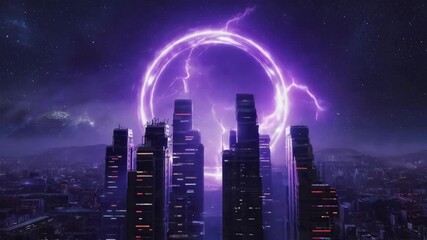 Wall Mural - giant purple futuristic portal is opening above a cyberpunk cityscape at night, illuminating the fut