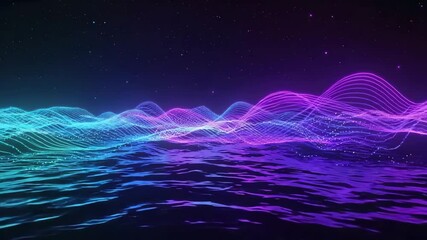 Wall Mural - glowing neon grid lines create a synthwave retro futuristic landscape, reflecting on tranquil water 