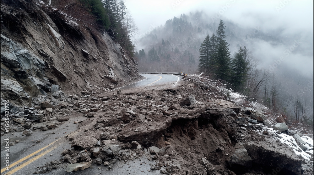 Falling Roadside Rocks A landslide endangers vehicles, with falling rocks, debris, and mud ...