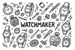 © 123levit - Hand drawn watchmaker tools and watches in doodle style for horology enthusiasts
