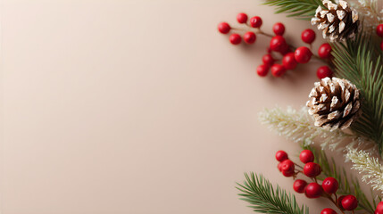 Wall Mural - Christmas flat lay with pine cones, red berries, and green branches on a plain background for holiday card design or seasonal decor.