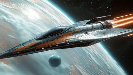 Wall Mural - Futuristic spaceship in space near a planet