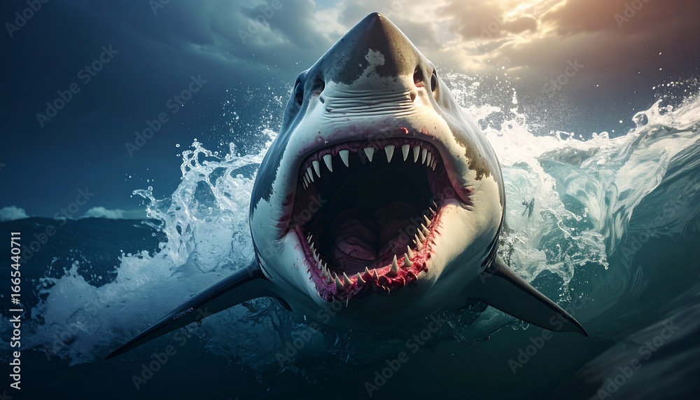 A powerful great white shark emerges from the ocean waves, its jaws ...