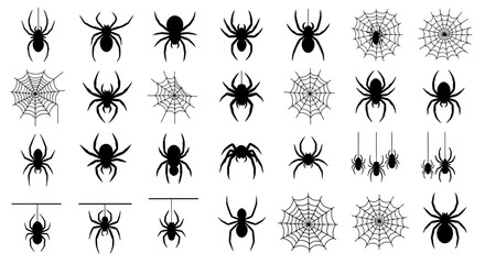 Vector set of black spider icons and intricate spider webs, ideal for Halloween, nature-themed designs, or spooky digital illustrations, featuring diverse arachnid poses