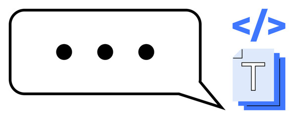 Chat bubble with three dots, coding symbol, and document icon. Ideal for coding, communication, tutorials, app design, online learning, tech content simple landing page