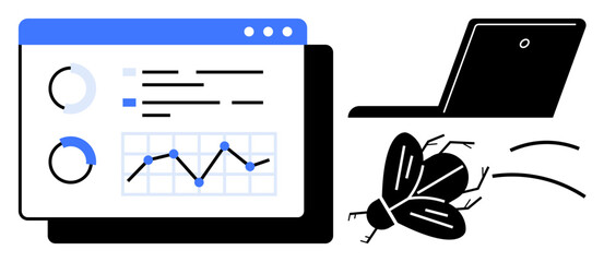 Data analytics dashboard with charts and graphs, a laptop, and a bug flying nearby. Ideal for tech issues, debugging, software testing, error management, IT solutions, analytics simple flat metaphor