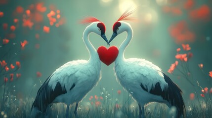 Naklejka na meble Loving cranes heart meadow sunset romance
