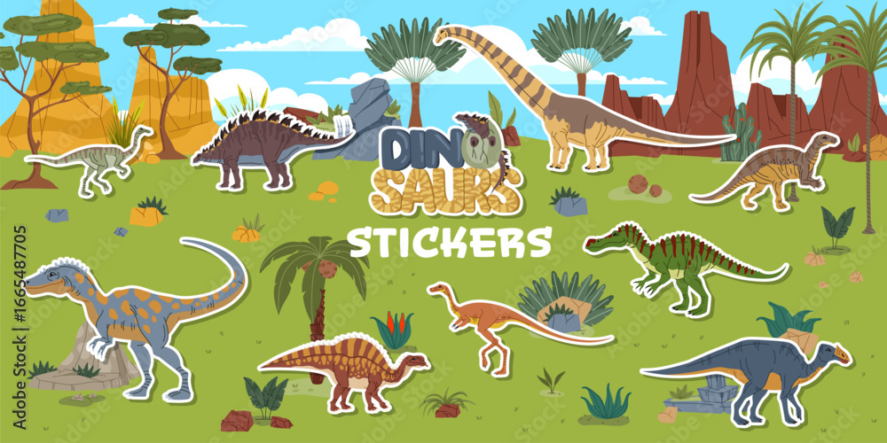 Exticnt Sticker Prehistoric era dinosaur characters stickers pack. Extinct reptile ...