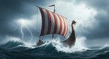 A Viking longship with a dragon head sails through a dramatic, stormy sea with large waves and lightning.